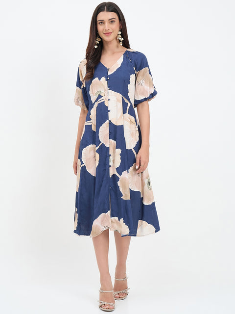 Madame Navy Blue Floral Printed Dress