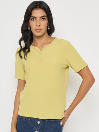 Madame Henley Neck Solid Mustard Yellow T-Shirt