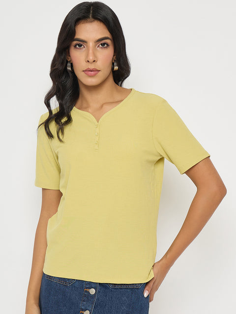 Madame Henley Neck Solid Mustard Yellow T-Shirt