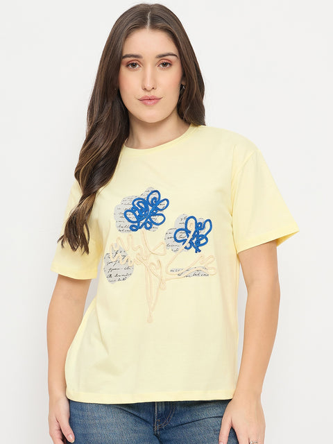 Madame Yellow Graphic Print Cotton Round Neck T-Shirt