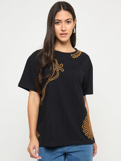 Madame Embroidery Patchwork Detailed Black Cotton T-shirt