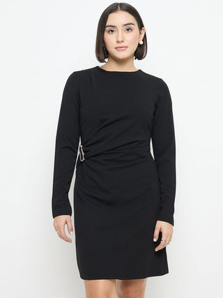 Madame Side Buckle Detail Black Mini Dress