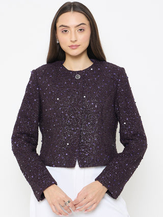 Madame Round Neck Tweed Dark Purple Blazer