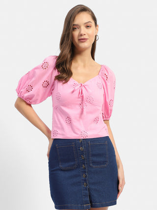 Madame Sweetheart Neck Pink Schiffli Top