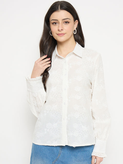 Madame Floral Detailing White Cotton Shirt
