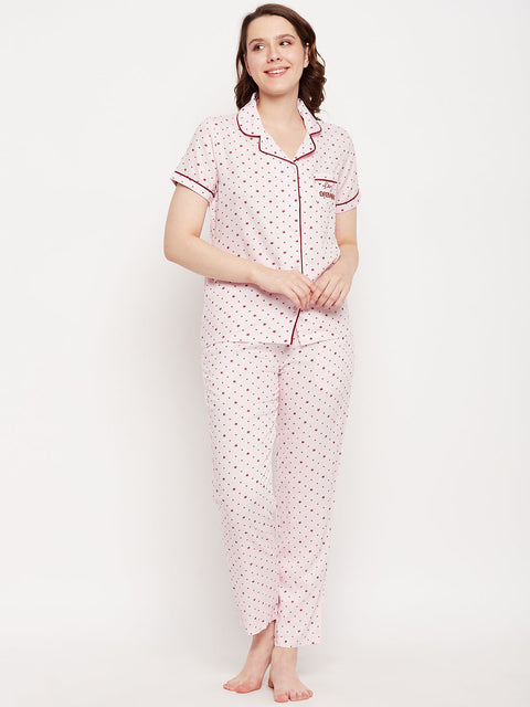 mSECRET Pink Star Printed Lapel Collared Nightsuit