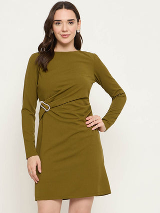 Madame Side Buckle Detail Olive Green Mini Dress