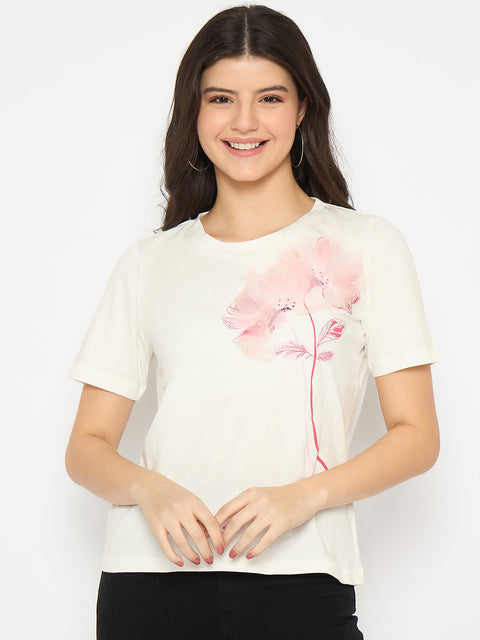 Madame Floral Applique White Cotton T-shirt