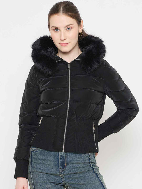 Madame Faux Fur Hood Black Puffer Jacket