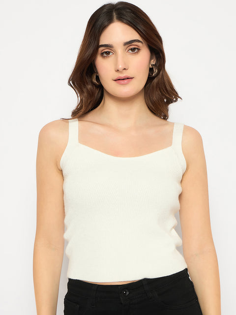 Madame Sleeveless Solid White Ribbed Knit Sweater