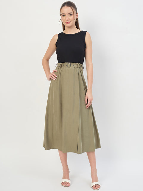 Madame Black Belted Viscose Blend A-Line Midi Dress