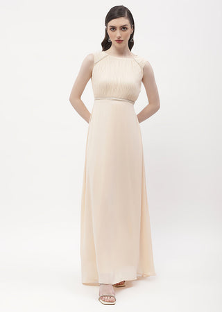 Madame Embellished Beige Crew Neck Maxi Dress