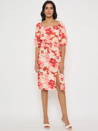 Madame Floral Print Ruched Bodycon Coral Dress