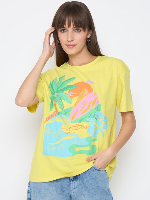 Madame Swarovski Detail Graphic Print Lemon Yellow Sinker T-shirt