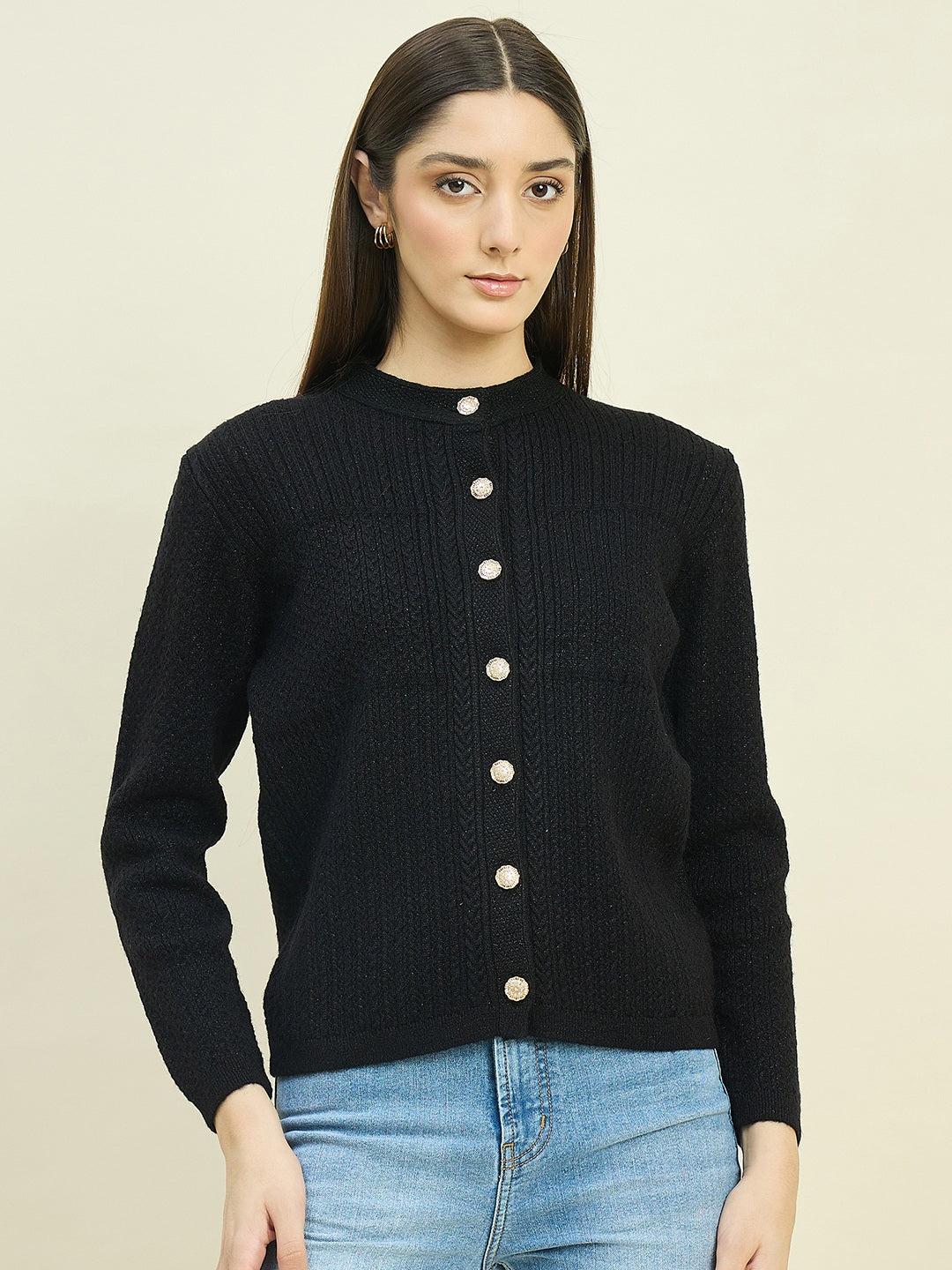 Madame Round Neck Black Knit Cardigan color swatch