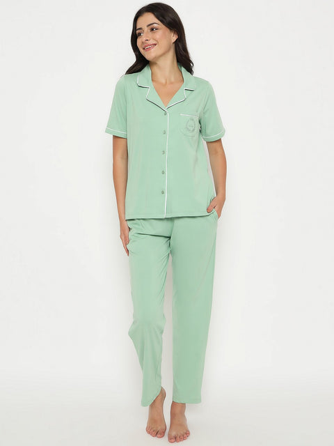 mSECRET Embossed Top and Bottom Mint Green Cotton Night Suit