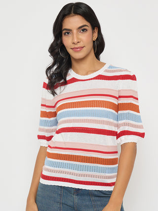 Madame Striped Multi-Color Open Stitch Knitted Top