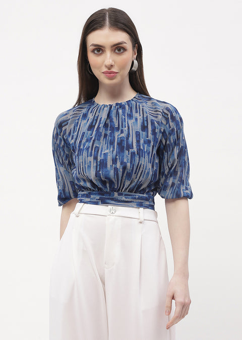 Madame Raglan Sleeve Blue Abstract Print Crop Top