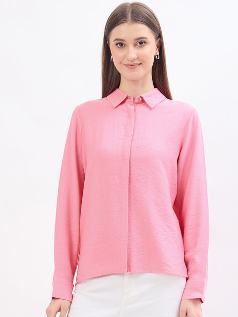 Madame Textured Pink Rayon Blend Shirt
