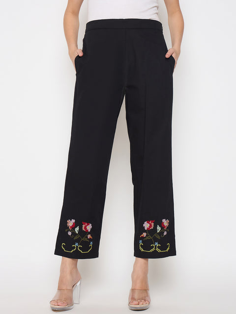 Madame Floral Embroidery Wide Leg Black Cotton Trousers