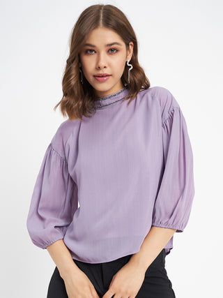 Madame Embellished Neckline Turtle Neck Solid Mauve Top