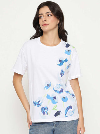 Madame Abstract Print Half Sleeve White Cotton T-shirt