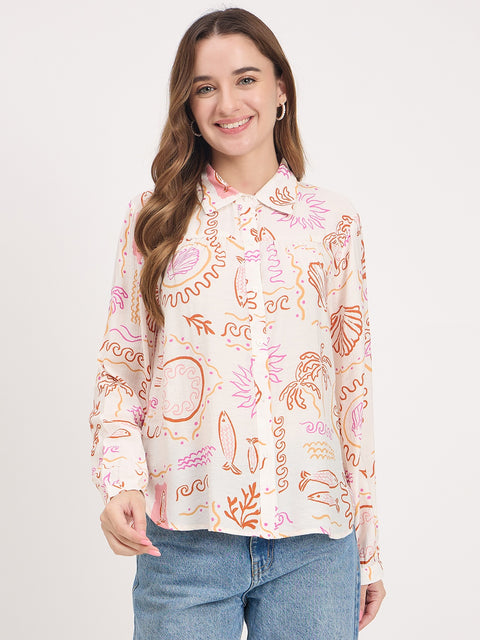 Madame Off White Printed Rayon Full Sleeve Shirt