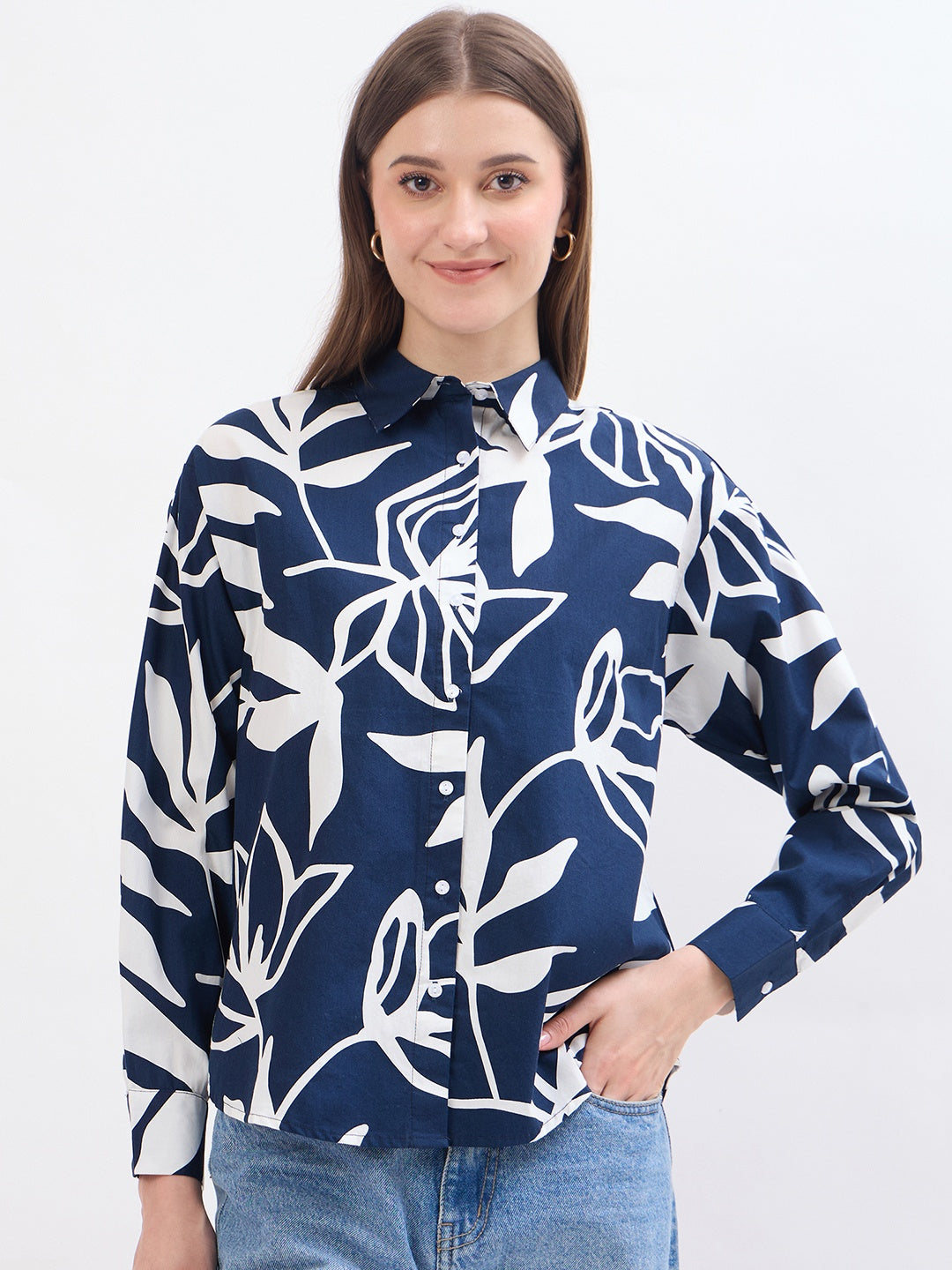Madame Printed Blue Cotton Shirt color swatch