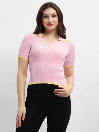 Madame Polo Neck Pink Ribbed T-Shirt