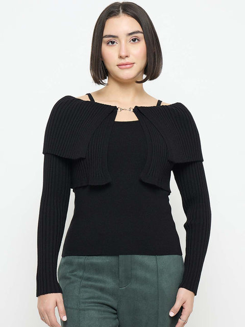 Madame Cami Neck Flutter Detailing Black Sweater