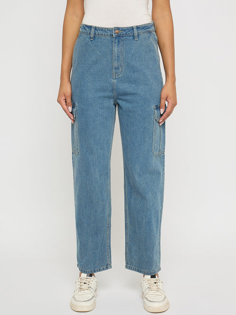 Madame Wide Leg Light Blue Cotton Denim Cargo