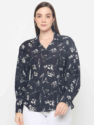 Madame Floral Print Pintuck Detailed Black Shirt