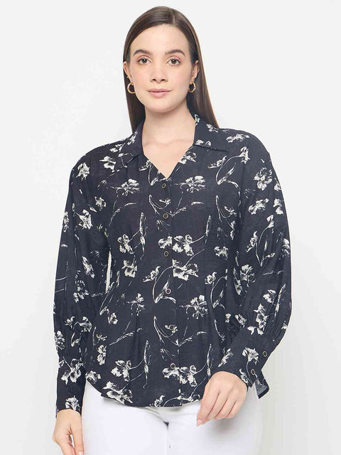 Madame Floral Print Pintuck Detailed Black Shirt