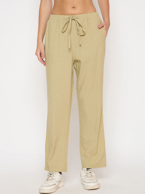 Madame Solid Rayon Blend Green Straight Trousers
