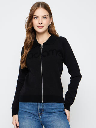 Madame Embroidered Zipped Black Sweater