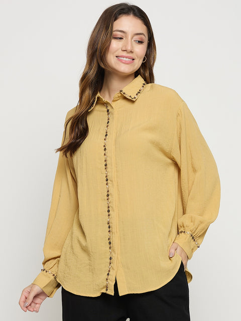 Madame Yellow Embellished Rayon Full Sleeve Shirt