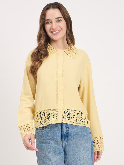 Madame Yellow Lace Detail Rayon Linen Full Sleeve Shirt