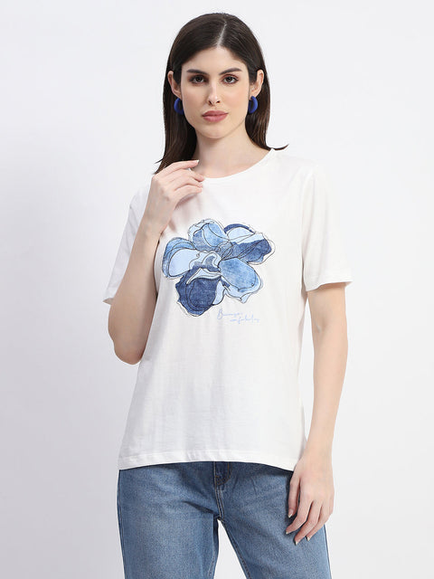 Madame Graphic Print Crew Necked White Cotton T-Shirt