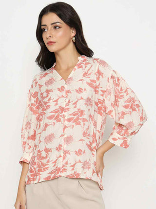 Madame Botanical Print Coral Rayon Blend Top
