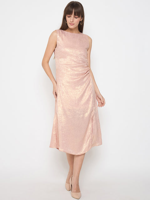 Madame Textured Front Ruched Peach Midi Dress