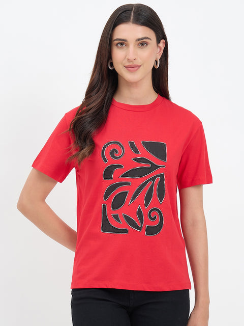 Madame Red Cotton Printed Half-Sleeve T-Shirt