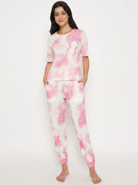 mSECRET Tie and Dye Top and Bottom Printed Pink Night Suit