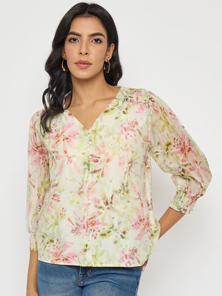 Madame Floral Print Ruffle Detail Cotton Green Peplum Top