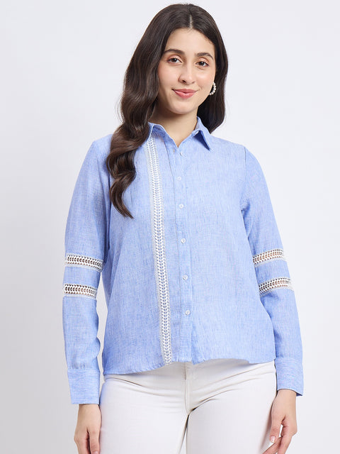 Madame Sky-blue Rayon Blend Solid Shirt