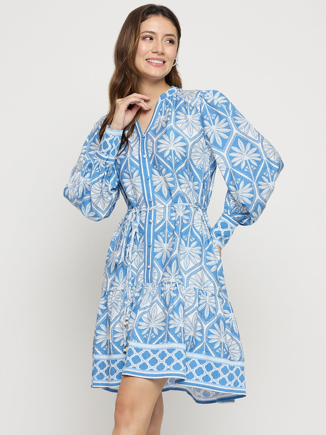 Madame Blue Printed Rayon Mandarin Collar Midi Dress color swatch