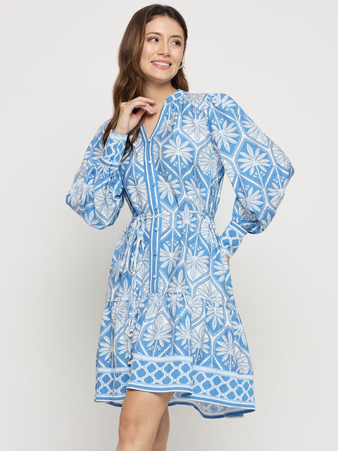Madame Blue Printed Rayon Mandarin Collar Midi Dress