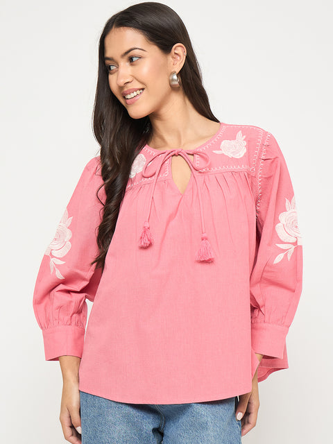 Madame Tie Neck Floral Embroidery Coral Top