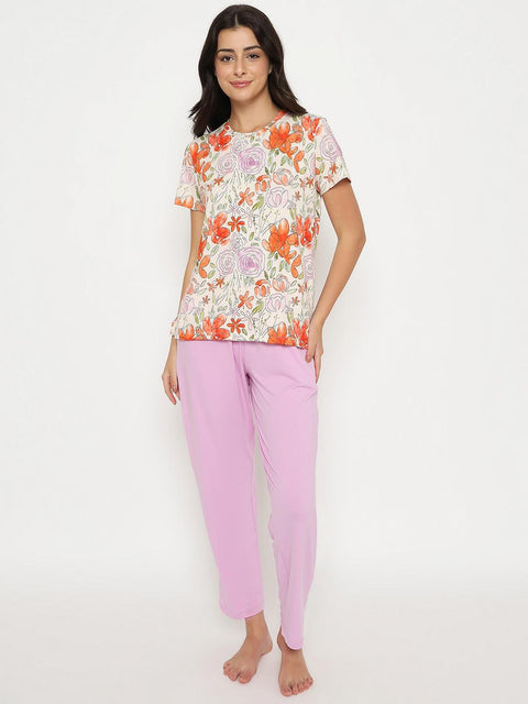 mSECRET Botanical Print Top and Solid Bottoms Lavender Night Suit