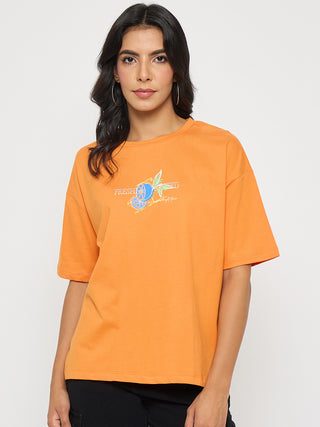 Madame Front and Back Graphic Print Orange Cotton T-Shirt