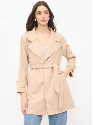 Madame Beige Trench Coat with Lapel Notch Neckline and Belt